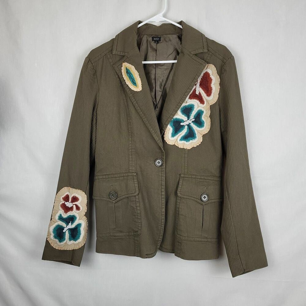 Aziz Womens Olive Cotton Embroidered Flap Pockets One Button Blazer Jacket Sz‎ L